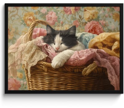 Poster in lijst - Fotolijst 70x50 cm - Posters - Kat - Bloemenprint - Rieten mand - Posterlijst zwart - Decoratie - Wanddecoratie woonkamer - Muurdecoratie slaapkamer