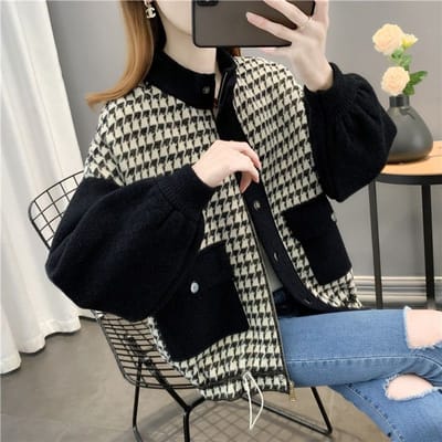 Cardigan tricoté Double face pour femme, vêtements d'extérieur, court, ample, mode mille oiseaux, grille, printemps et automne S noir