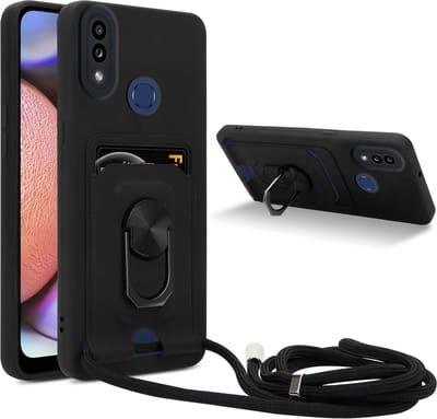 Cadorabo Telefoonketting Hoesje met standfunctie geschikt voor Samsung Galaxy A10s / M01s in ZWART - Siliconen beschermhoes met verstelbare koordband