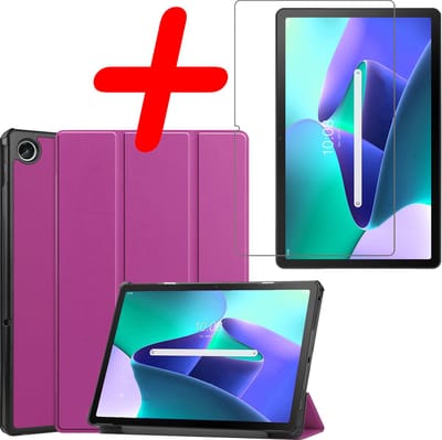 Hoesje Geschikt voor Lenovo Tab M10 Plus (3e / 3rd Generatie) - Met Screenprotector - Trifold Bookcase - Hard Cover - Hardcover Book Case - Tablet Hoes - Paars