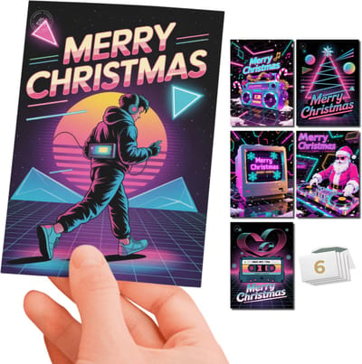 Inspra Studio – Luxe Kerstkaarten met Enveloppen – 6 Stuks – Jaren 80 Wenskaarten Set 1 – Artistieke Illustraties met Nostalgische Retro Stijl