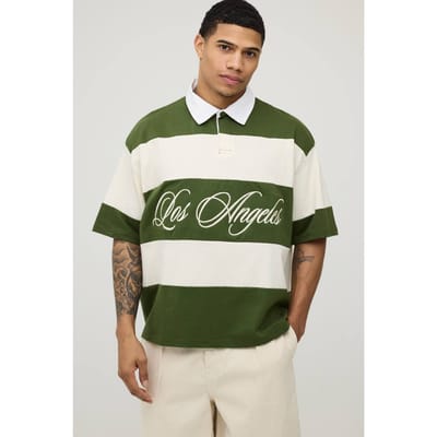 Los Angeles Gestreepte Rugby Polo Met Korte Mouwen | Olive | Size XS