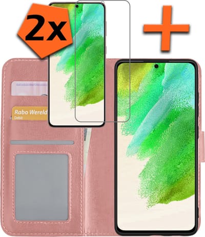 Hoes - Met 2x Screenprotector - Geschikt voor Samsung Galaxy S21 FE - Luxe Pasjeshouder - Bookcase Portemonee - Flip Case - Kunstleer Book Case - Flipcase Hoes - Book Cover - Walletcase - PortemonneeHoes - Rosé goud