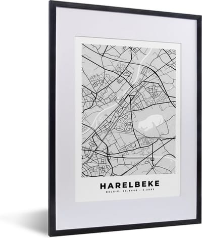 Fotolijst incl. Poster Zwart Wit- Plattegrond – Harelbeke – Zwart Wit – Stadskaart - Kaart - 30x40 cm - Posterlijst