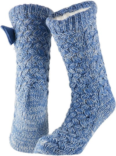 Dames anti-slip fleece/gebreide huissokken/slofsokken met strikje blauw one size - Slaapsokken/bedsokken