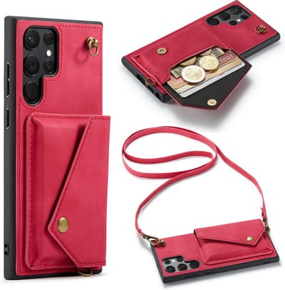 Casemania Hoesje Geschikt voor Samsung Galaxy S22 Ultra - Royal Fuchsia - Luxe Backcover met Koord en Magnetische Sluiting - Portemonnee Wallet Case met Pasjeshouder en Opbergvak - Lanyard Telefoonhoes - Cord Case