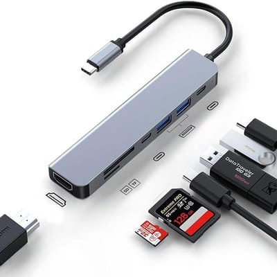 Daity 1 stuk - USB-C Hub HDMI-adapter voor MacBook Pro/Air – 7-in-1 USB-C Multiport Hub-adapter met voeding, 4K HDMI, PD, USB 3.0 en SD/TF-kaartlezer voor MacBook Pro/Air-laptops, pc, iPad, iPhone 15/16 en meer