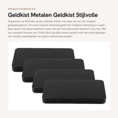 Dailygoods - Geldkist - Metalen Geldkist - Stijlvolle Opbergoplossing - Zwart - Geldorganizer - Voor Contant Geld en Munten - 4 Stuks