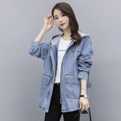 Denim Jas met Capuchon Dames Middellang Los BF Stijl Casual All-match Windjack Warme Jas met Lange Mouwen XXL gray