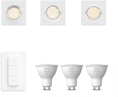 Philips Hue Peridot Set van 3 Inbouwspots (Wit) - Vierkant - Richtbaar - GU10 - Warmwit Licht - Incl. Hue Dimmer Switch - Hue White