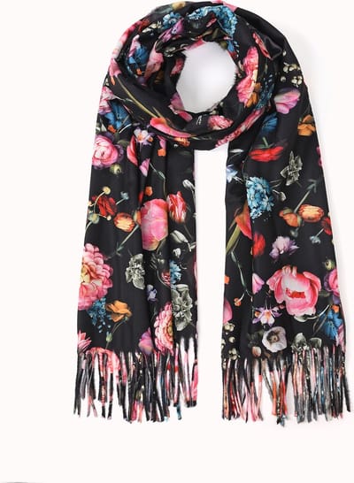 Nouka Zwarte Multicolor Dames Sjaal - Bloemen Print en franjes – Warme & Lichte Sjaal – Herfst / Winter – 70 x 180 cm