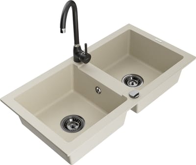 Mexen Mario granieten spoelbak met 2 kamers en Telma keukenkraan, beige - 6504-69-670200-70