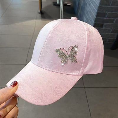 Casquette de baseball en métal avec papillon en diamant pour femmes, protection solaire d'été et casquette de baseball à visière plate fashion Adjustable white