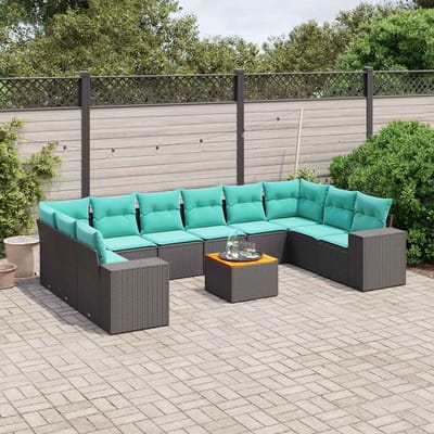 vidaXL - 11-delige - tuinbankset - met - kussens, - zwart - polyrotan