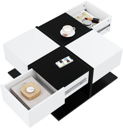 Salontafel - 70x70x35.5 cm - 2 Laden en Hoogglans - Vierkant met Opbergruimte - MDF - Zwart en Wit