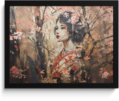 Poster in lijst - Fotolijst 40x30 cm - Posters - Kimono - Vrouw - kersenbomen - Posterlijst zwart - Decoratie - Wanddecoratie woonkamer - Muurdecoratie slaapkamer