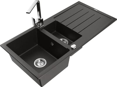 Mexen Andres granieten spoelbak 1,5-komerig met afdruiprek en keukenmengkraan Rita, zwart/goud metallic- 6515-75-670300-00