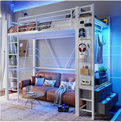 Merax Kinderhoogslaper - 90 x 200 cm - ijzeren structuur - met planken + 4 lades + LED's - metaal - wit