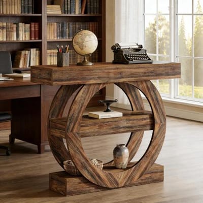 HAUSS SPOLE Consoletafel - Drie Open Planken En Rond Ontwerp - Voor Hal En Woonkamer - Hout - 105x30x85 Cm - Rustiek Bruin