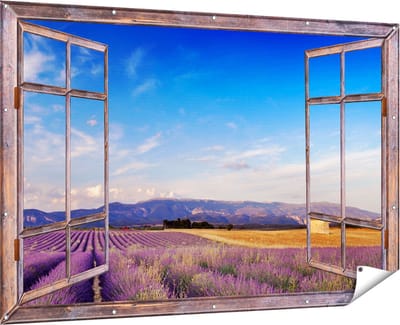 Gards Tuinposter Doorkijk Raam met Lavendel Veld - 180x120 cm - Tuindoek - Tuindecoratie - Wanddecoratie buiten - Tuinschilderij