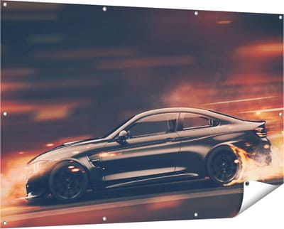 Gards Tuinposter Zwarte Sportwagen Auto met Vlammen - 150x100 cm - Tuindoek - Tuindecoratie - Wanddecoratie buiten - Tuinschilderij