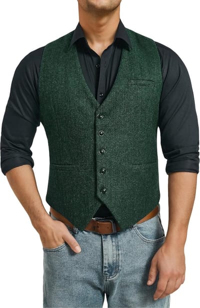Heren Haringbone Tweed Vest van Wol voor Formele en Casual Gelegenheden, V-hals, Eén Maat, Bruin, Stijlvol en Comfortabel