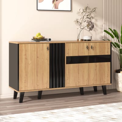 Sweiko 140 x 78 x 41 cm dressoir, kleurgecoördineerd design dressoir in hout en zwart met opbergruimte, kast met LED licht en glas