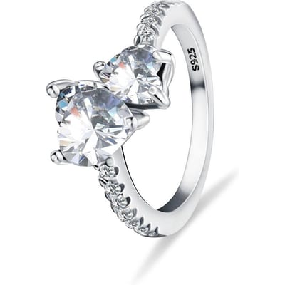 Verzilverde Hartring, 2 Heldere Zirconia Hartstenen met Pavé Accentband, Elegant Romantisch Sieraden Cadeau Voor Haar & Valentijnsdag 9 white