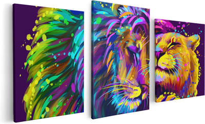 Artaza Canvas Schilderij Drieluik Gekleurde Leeuw En Leeuwin - Abstract - 120x60 - Foto Op Canvas - Canvas Print