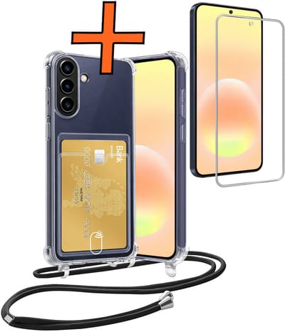 Hoesje Geschikt voor Samsung A57 Hoesje Met Telefoonketting Pasjeshouder Shockproof Case Met Screenprotector Koord - Hoesje Geschikt voor Samsung Galaxy A57 Hoes Met Kaarthouder - Transparant