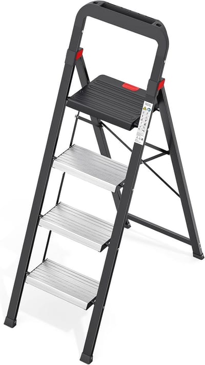 Inklapbare aluminium trapladder met leuning - 4 treden, antislip en klapbeveiliging