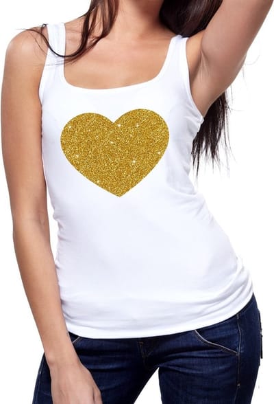 Bellatio Decorations Gouden hartje glitters - tanktop / mouwloos t-shirt - wit - voor dames S