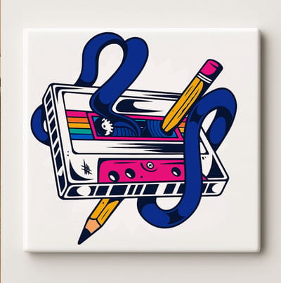 Retro Cassettebandje Tegel – 15x15 cm Vintage Muziek Kunst Keramische Muurdecoratie | Nostalgisch Cadeau voor 80s & 90s Muziekliefhebbers
