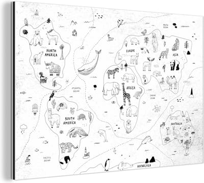 Aluminium schilderij 180x120 cm - Wanddecoratie metaal - Wereldkaart - Kinderen - Wit - Zwart - Metalen muurdecoratie woonkamer - Decoratie industrieel - Foto op dibond - Industriële accessoires slaapkamer
