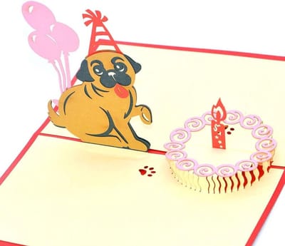Verjaardagskaart Pop-up Hond - Handgemaakte Wenskaart - Verjaardag Vieren - 3D Ontwerp - 17.5 x 11.2 cm - Rood