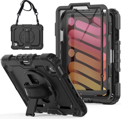 Hoes met ingebouwde Screenprotector Geschikt voor Apple iPad Mini 7 / 6 | Inclusief 360° Draaibare Handriem en Schouderriem | Extreme bescherming | Ideaal voor zakelijk gebruik | Zwart