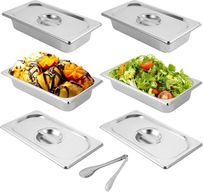 Set van 4 RVS GN Trays 32,5 x 17,5 x 6,5 cm met Deksel voor Breading, Ideaal voor Schnitzel, Vlees en Vis Bereiding