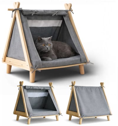 Dogs&Co® Dierentent op Pootjes Grijs - Houten Frame - 60x58x45CM - voor Honden & Katten - Kattenmand - Katten tent - Mand - Poezenmand - Hondenmand - Honden tent