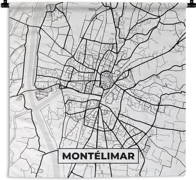 Wandkleed - Wanddoek - Montélimar - Frankrijk - Plattegrond - Stadskaart - Kaart - Zwart wit - 180x180 cm - Wandtapijt
