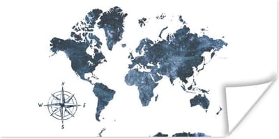 Muurdecoratie - Wereldkaart - Aquarelverf - Windroos - 80x40 cm - Poster