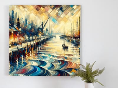 Abstract haven schilderij | Haven Dreamscape: Een Abstracte Serenade van Zee en Schepen | Kunst - 100x100 centimeter op Forex | Foto op Forex