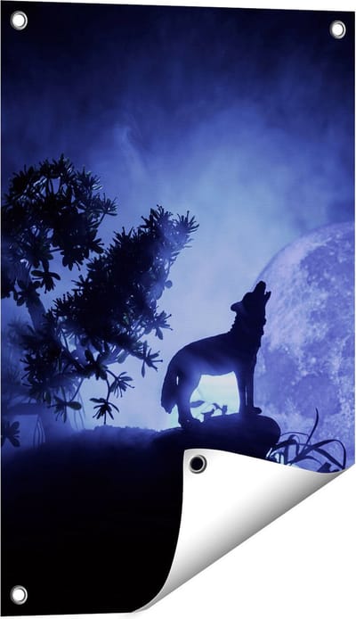 Gards Tuinposter Huilende Wolf in Silhouet bij Volle Maan - 40x60 cm - Tuindoek - Tuindecoratie - Wanddecoratie buiten - Tuinschilderij