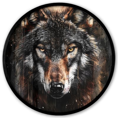 Poster in lijst Rond - Fotolijst 40x40 cm - Posters - Dieren - Wolf - Portret - Zwart - Bruin - Ronde posterlijst zwart - Decoratie - Wanddecoratie woonkamer - Muurdecoratie slaapkamer