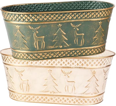 Dekoratief | Bloempot ovaal 'Deer & Tree', groen/wit, metaal, 26x14x11cm, set van 2 stuks | A255576
