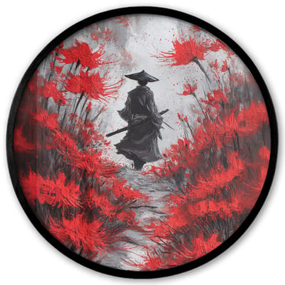 Poster in lijst Rond - Fotolijst 40x40 cm - Posters - Rode bloemen - mistig - Man - Ronde posterlijst zwart - Decoratie - Wanddecoratie woonkamer - Muurdecoratie slaapkamer