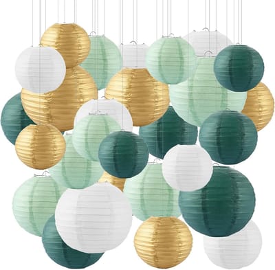 SnelShoppen - 28 Papierlanterns in Sagegroen, Wit en Goud, Diverse Maten 15-30 cm, Ronde Papieren Lanterns voor Feesten, Bruiloften en Evenementen