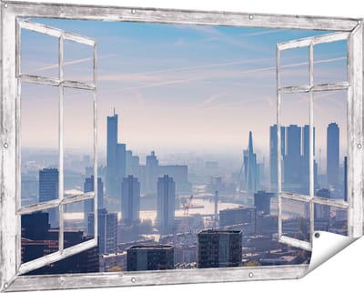 Gards Tuinposter Doorkijk Rotterdamse Skyline - 150x100 cm - Tuindoek - Tuindecoratie - Wanddecoratie buiten - Tuinschilderij