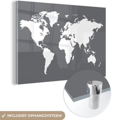 ® Glasschilderij 120x80 cm - Schilderij acrylglas - Wereldkaart - Wit - Grijs - Foto op glas - Muurdecoratie woonkamer - Wanddecoratie slaapkamer - Schilderijen