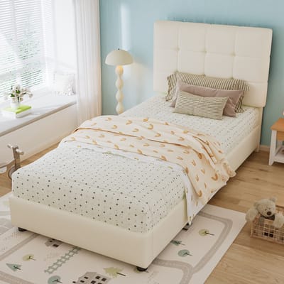 PHOEBE CAT Gestoffeerd bed - 90x200 cm - Biscuitvormig hoofdeinde - Kinderbed - Kunstleer - Beige