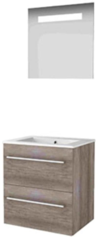 Basic-Line Economic 46 Badkamermeubelset - 60 x 46 cm - Met Grepen - 2 Lades - Keramische Wastafel - 1 Kraangat - Spiegel met LED Verlichting - Scotch Oak